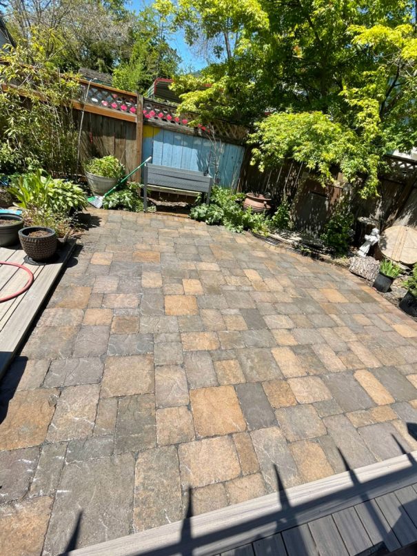 Warm-tone paver patio and garden completed by Weeping Willow